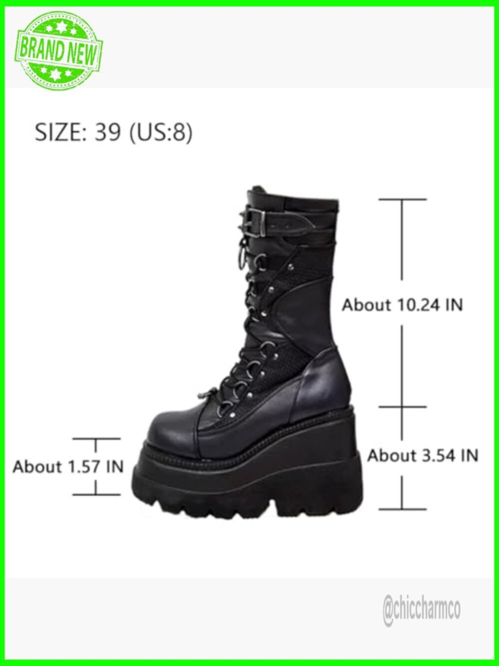 Gothic Platform Combat Boots Chunky Wedge Lace-Up Mid-Calf - Picture 4 of 7
